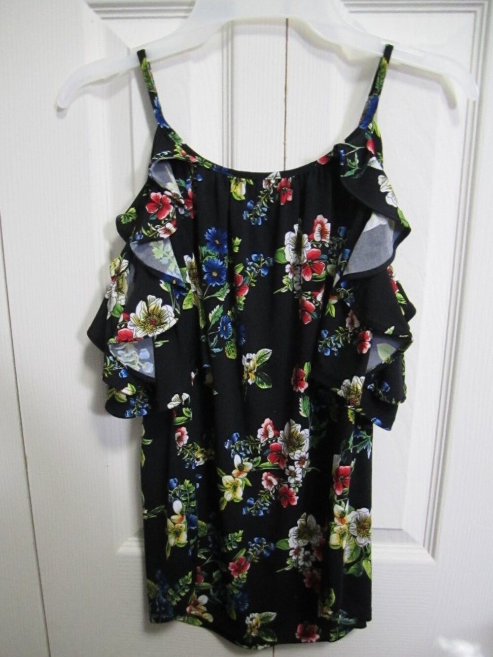 New York & Company Black Floral Cold-Shoulder Top